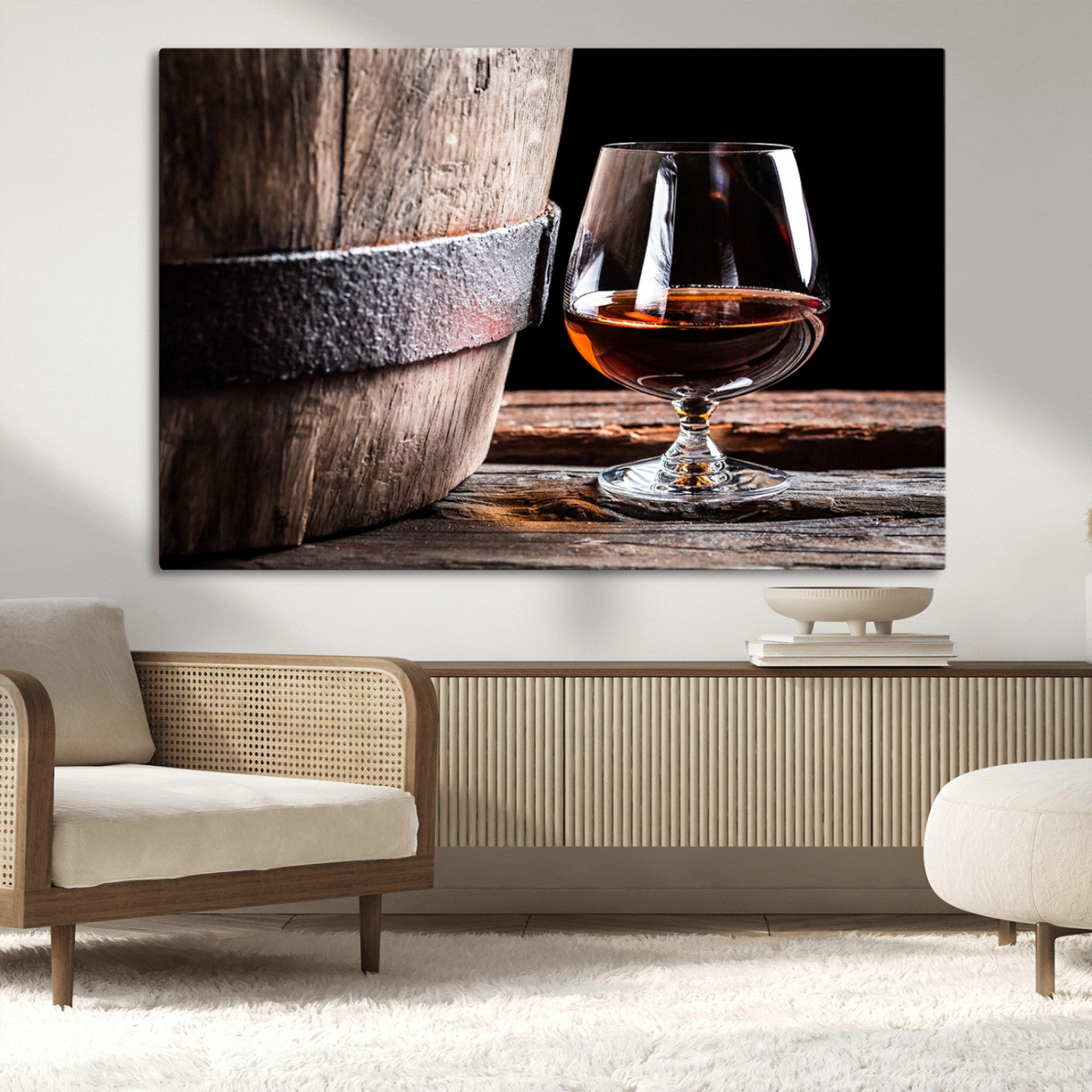 50839-MGV-CV-36X24-Barrel & Brandy Wall Art – Rustic Whiskey Barrel and Brandy Glass Canvas Print, Elegant Home Bar or Lounge Decor for Office, Man