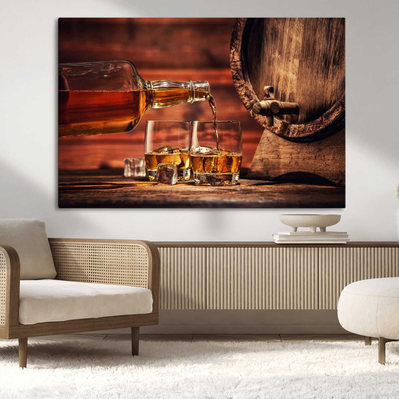 52458-MGV-CV-36X24-Whiskey Pour Wall Art – Elegant Whiskey Bottle Pouring into Glasses Canvas Print, Refined Bar or Lounge Decor for Home, Office, or