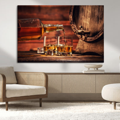 52458-MGV-CV-36X24-Whiskey Pour Wall Art – Elegant Whiskey Bottle Pouring into Glasses Canvas Print, Refined Bar or Lounge Decor for Home, Office, or