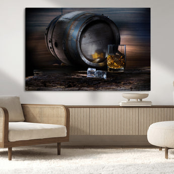 78049-MGV-CV-36X24-Whiskey Barrel Wall Art – Rustic Whiskey Barrel and Glass with Ice Canvas Print, Classic Bar or Lounge Decor for Home, Office, or