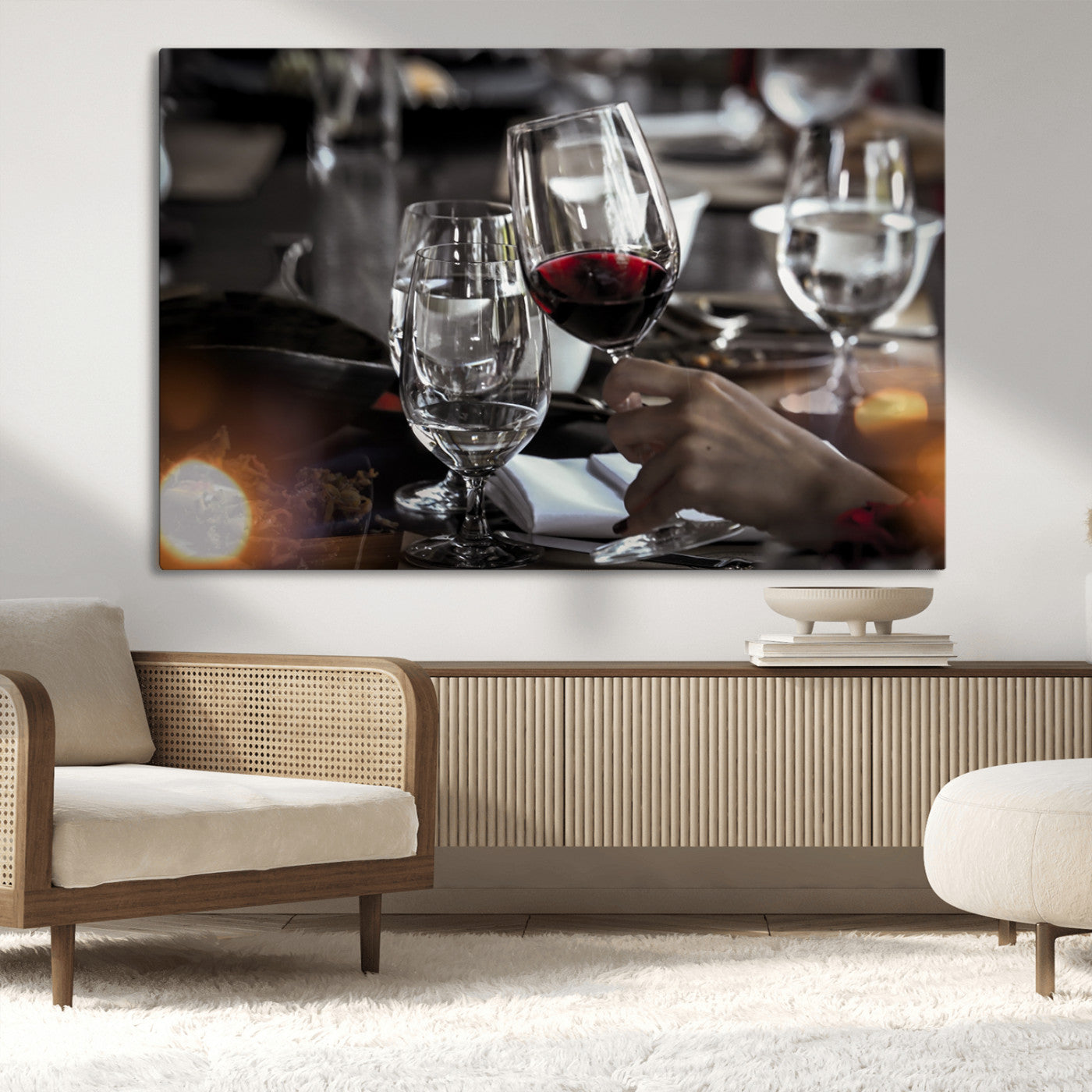75513-MGV-CV-36X24-Elegant Wine Toast Wall Art – Close-Up Red Wine Glass at Dinner Table Canvas Print, Sophisticated Dining Room or Bar Decor