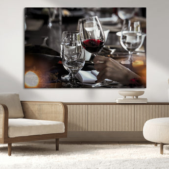 75513-MGV-CV-36X24-Elegant Wine Toast Wall Art – Close-Up Red Wine Glass at Dinner Table Canvas Print, Sophisticated Dining Room or Bar Decor