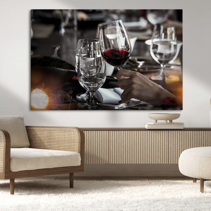 75513-MGV-CV-36X24-Elegant Wine Toast Wall Art – Close-Up Red Wine Glass at Dinner Table Canvas Print, Sophisticated Dining Room or Bar Decor