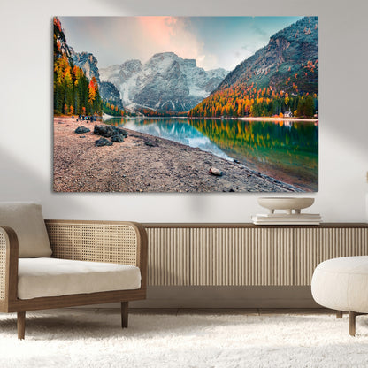 25982-MGV-CV-36X24-Autumn Mountain Lake Wall Art – Panoramic Fall Foliage and Snowy Peaks Canvas Print, Scenic Nature Decor for Living Room or Office