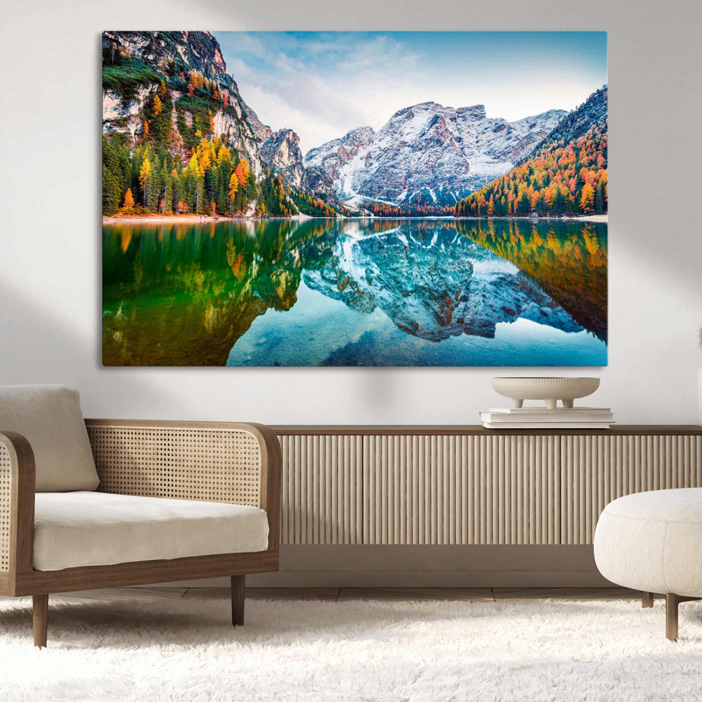 10402-MGV-CV-36X24-Snowy Mountain Lake Wall Art – Autumn Landscape Canvas Print with Reflection, Nature Decor for Living Room, Office, Bedroom or