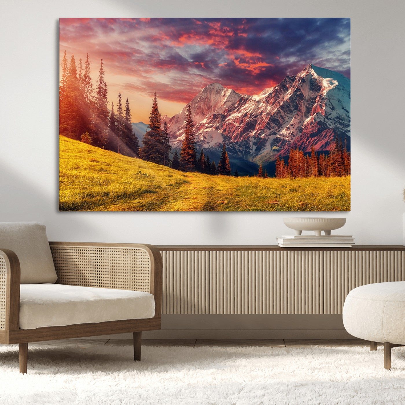 83947-MGV-CV-36X24-Sunset Mountain Landscape Wall Art – Panoramic Alpine Meadow and Snow Capped Peaks Canvas Print, Nature Scenic Decor for Home,