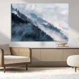 85737-MGV-CV-36X24-Misty Mountain Wall Art – Atmospheric Pine Forest Canvas Print with Fog and Mist, Calm Nature Decor for Living Room, Bedroom,