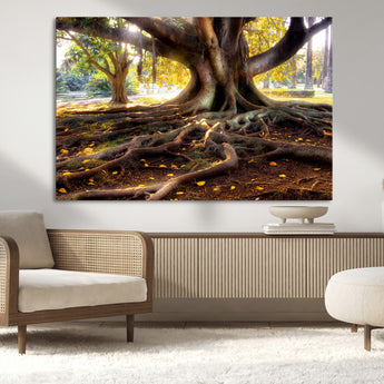 53335-MGV-CV-36X24-Majestic Tree with Sprawling Roots Wall Art – Serene Sunlit Park Scene, Nature Canvas Print, Perfect for Living Room, Office or