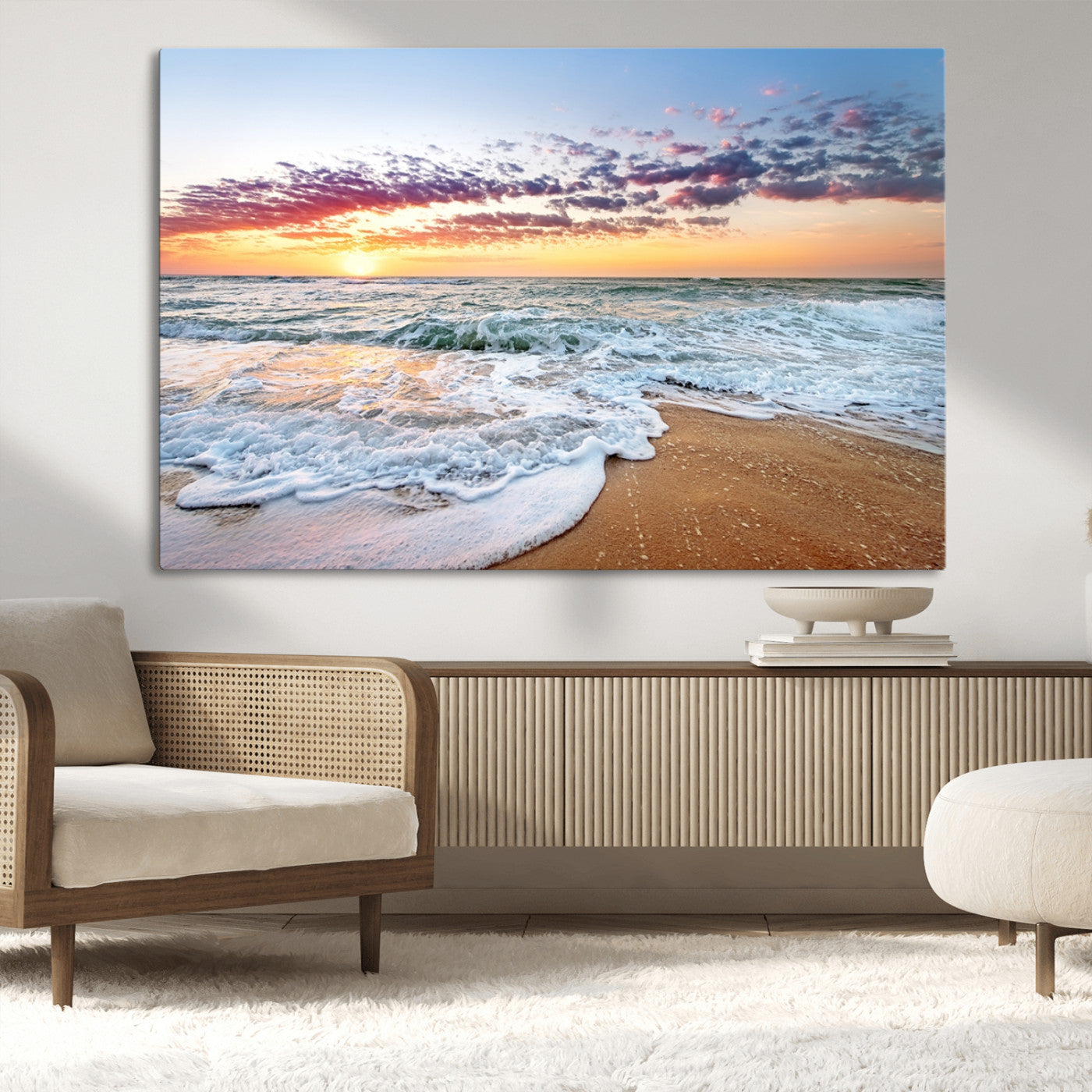 39560-MGV-CV-36X24-Sunrise Beach Wall Art – Vibrant Ocean Waves and Golden Sand Canvas Print, Seaside Coastal Decor for Living Room, Bedroom or