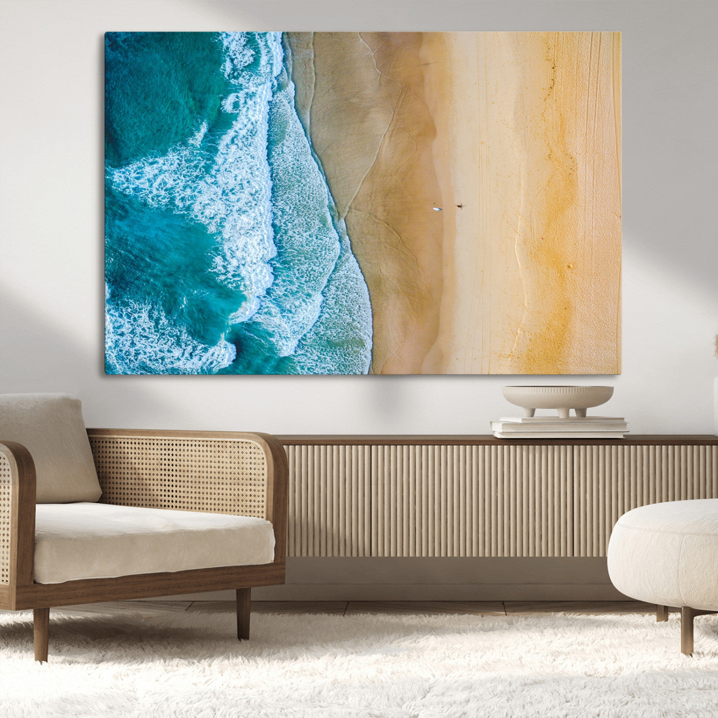46640-MGV-CV-36X24-Aerial Beach Wall Art – Turquoise Waves and Golden Sand Canvas Print with Lone Surfer, Coastal Ocean Decor for Living Room,