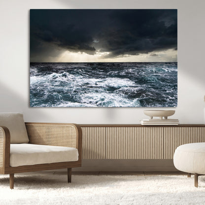 42607-MGV-CV-36X24-Stormy Ocean Wall Art – Dramatic Sea and Sky Canvas Print with Sun Rays, Moody Nature Decor for Living Room, Office, Bedroom or