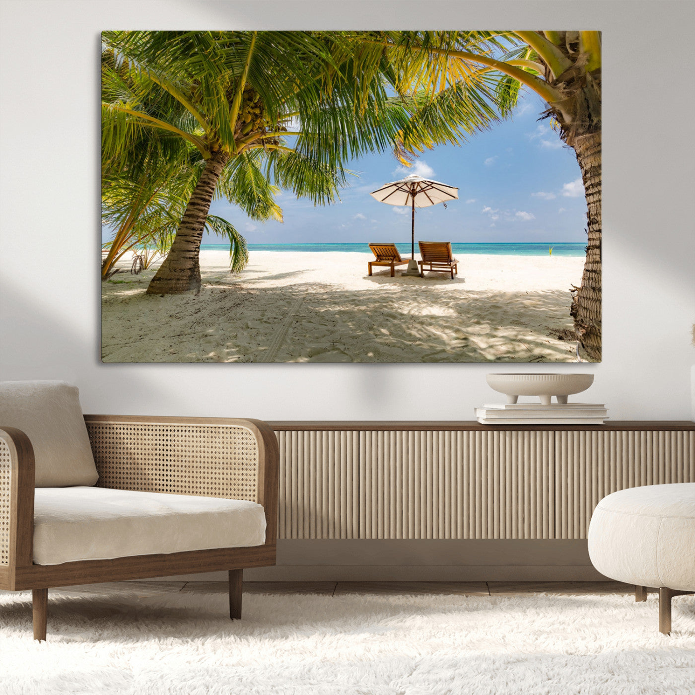 83601-MGV-CV-36X24-Tropical Beach Wall Art – Serene Palm Trees and Lounge Chairs Canvas Print, Relaxing Coastal Decor for Living Room, Bedroom or