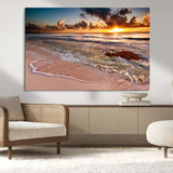 38302-MGV-CV-36X24-Sunset Beach Wall Art – Stunning Ocean Waves and Rock Canvas Print, Warm Coastal Decor for Living Room, Bedroom, Office or Beach