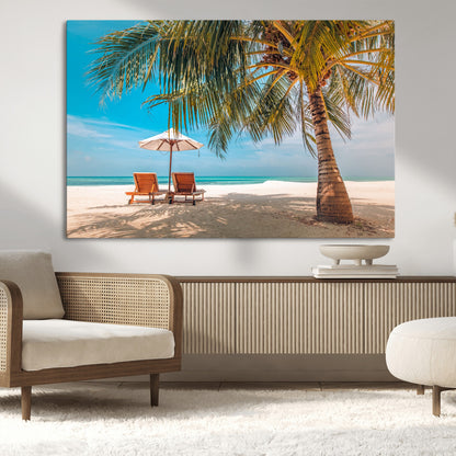 69754-MGV-CV-36X24-Tropical Beach Wall Art – Relaxing Palm Tree and Lounge Chairs Canvas Print, Serene Coastal Decor for Living Room, Bedroom, Office