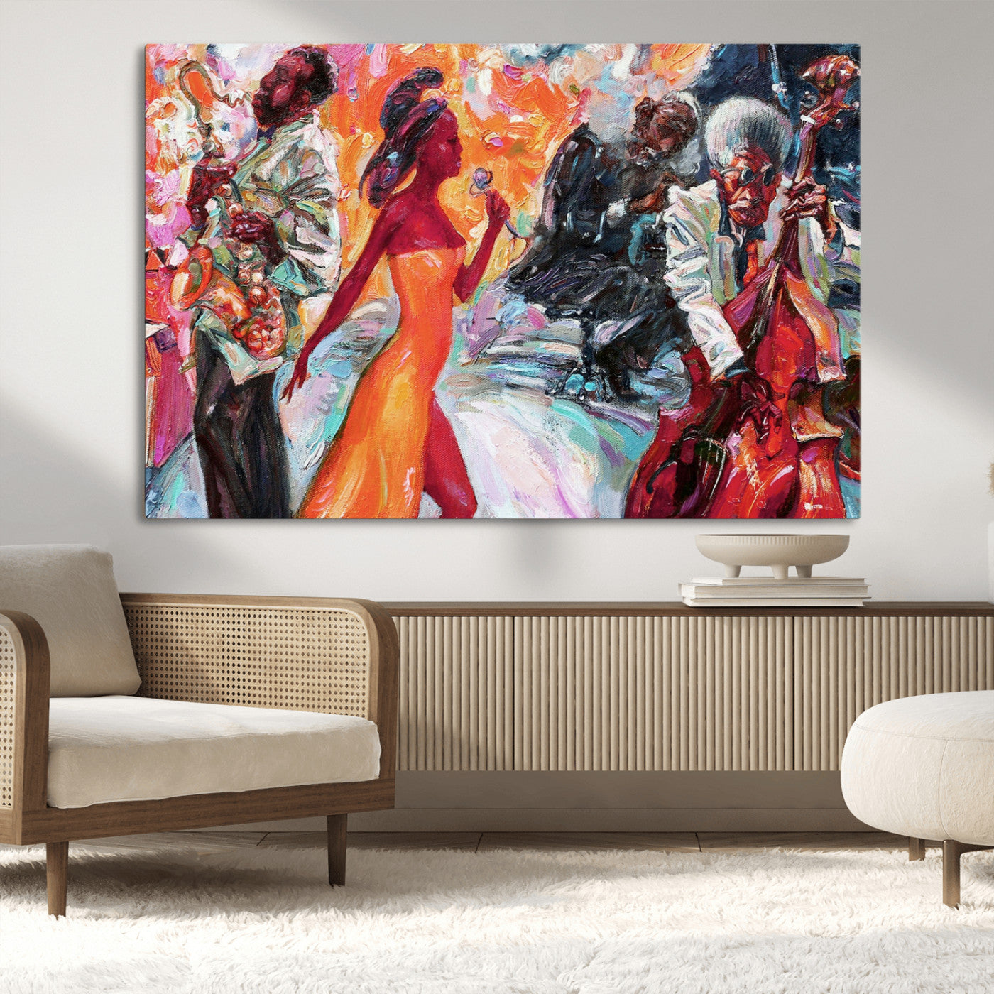 24452-MGV-CV-36X24-Vibrant Jazz Musician Painting - Expressive Art Print of Live Jazz Band, Perfect Wall Decor for Music Lovers and Art Enthusiasts