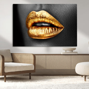 84747-MGV-CV-36X24-Golden Lips Black & White Portrait – Glamorous Metallic Lip Art Print, Modern Wall Decor for Bedroom, Beauty & Fashion Lover Gift