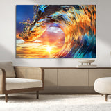 52890-MGV-CV-36X24-Surfing Wave Wall Art Canvas Print, Framed Sunset Ocean Art Picture Print, Ocean Wave Perfect Nautical Decor Artwork