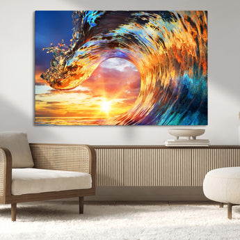 52890-MGV-CV-36X24-Surfing Wave Wall Art Canvas Print, Framed Sunset Ocean Art Picture Print, Ocean Wave Perfect Nautical Decor Artwork