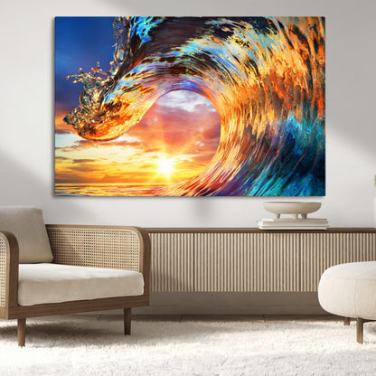 52890-MGV-CV-36X24-Surfing Wave Wall Art Canvas Print, Framed Sunset Ocean Art Picture Print, Ocean Wave Perfect Nautical Decor Artwork