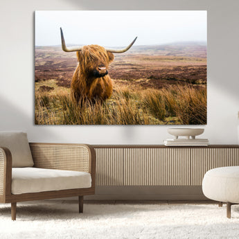 79391-MGV-CV-36X24-Majestic Highland Cow in Misty Scottish Moorland – Rustic Natural Charm, Perfect for Unique Home or Office Decor