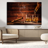 41139-MGV-CV-36X24-Whiskey and Cigar Still Life – Glasses with Ice and Pouring Amber Drink on Wooden Table with Smoke, Elegant Bar or Lounge Wall