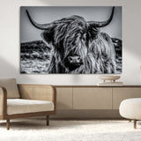 97372-MGV-CV-36X24-Elegant Highland Cow Wall Art – Black and White Canvas Print, Rustic Nature Decor for Home, Office, Living Room or Man Cave