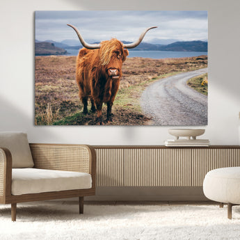 56121-MGV-CV-36X24-Rustic Highland Cow Wall Art – Panoramic Nature Canvas Print, Perfect Decor for Home, Office, Living Room or Man Cave
