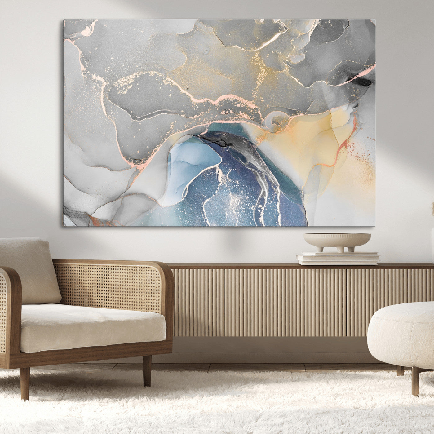 63211-MGV-CV-36X24-Abstract Fluid Art Wall Decor – Blue, Gray & Gold Canvas Print, Modern Home and Office Wall Art Decor for Living Room, Bedroom or