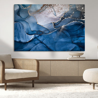27810-MGV-CV-36X24-Abstract Blue Gold Fluid Art Wall – Modern Canvas Print, Elegant Home & Office Wall Art, Stylish Living Room or Bedroom Decor