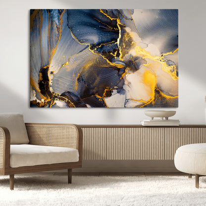 42100-MGV-CV-36X24-Golden Flow Abstract Wall Art – Panoramic Modern Blue and Gold Canvas Print, Contemporary Artistic Decor for Home, Office