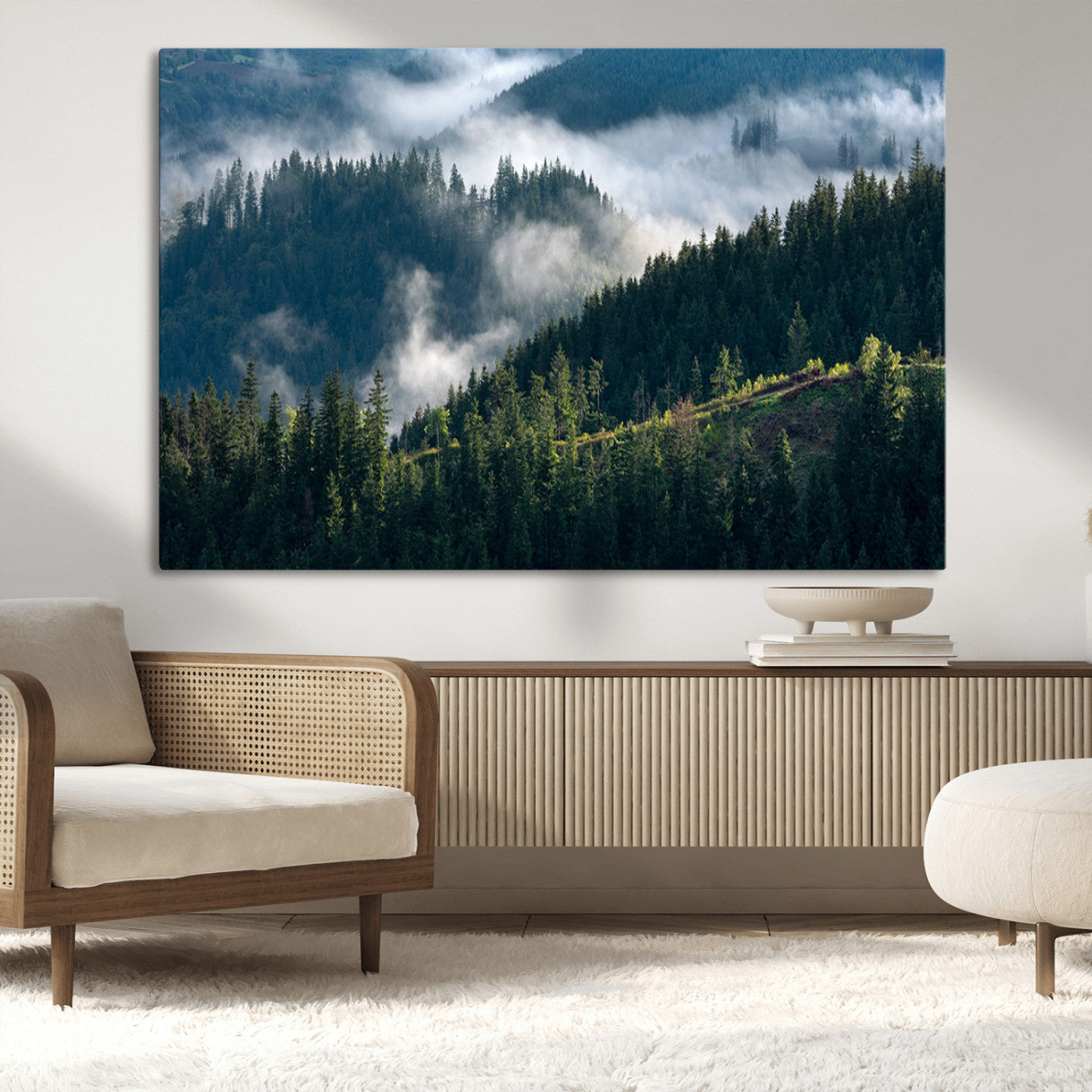 55972-MGV-CV-36X24-Whispering Pines Wall Art – Panoramic Misty Forest Canvas Print, Serene Nature Decor for Home, Office or Cabin Retreat