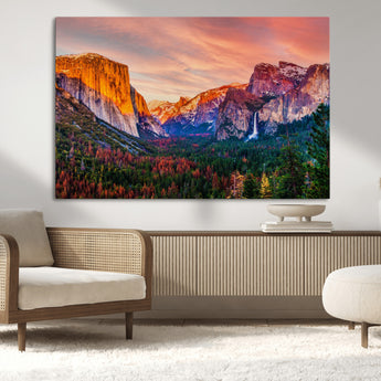 24519-MGV-CV-36X24-Yosemite Valley Sunset Wall Art – Majestic Mountain Landscape with Waterfall and Vibrant Sky, Nature Photography for Home or