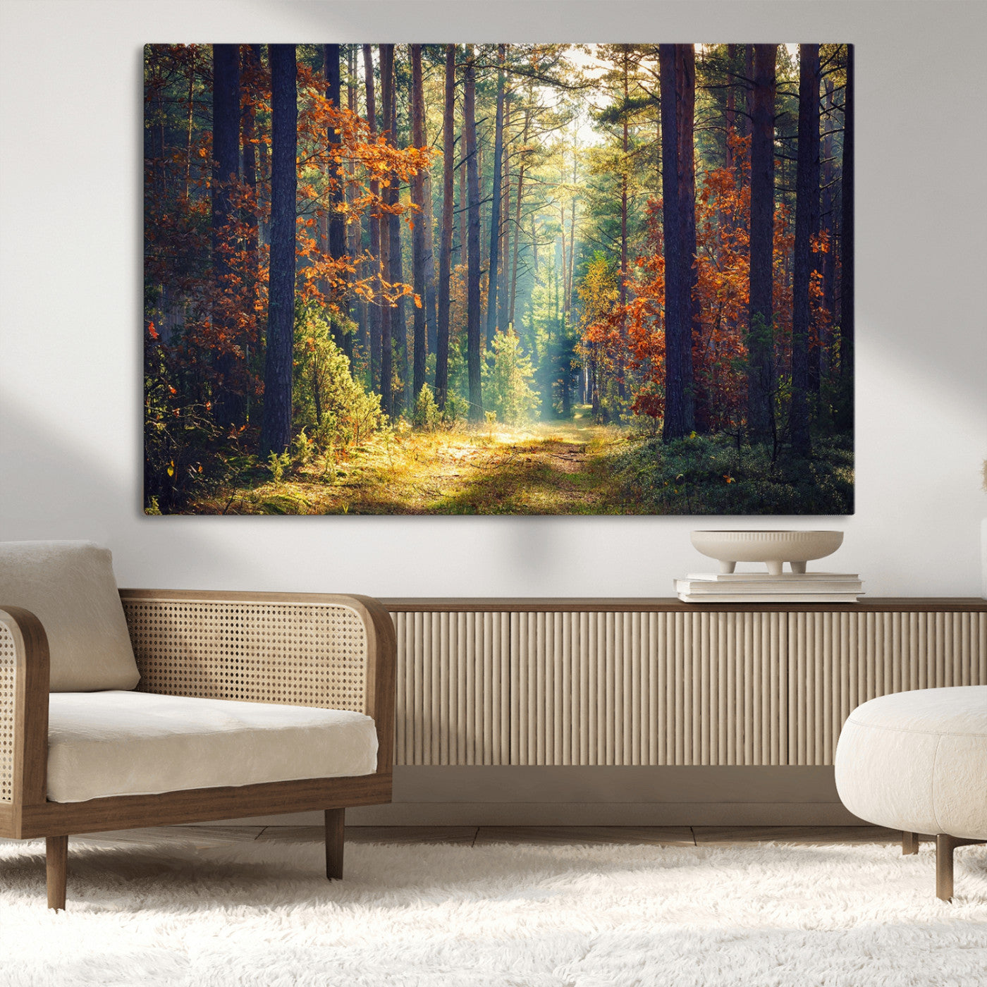 86249-MGV-CV-36X24-Sunlit Autumn Forest Path Wall Art – Peaceful Nature Scene with Fall Foliage, Calming Woods Decor for Home or Office