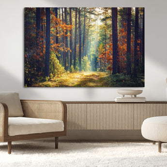 86249-MGV-CV-36X24-Sunlit Autumn Forest Path Wall Art – Peaceful Nature Scene with Fall Foliage, Calming Woods Decor for Home or Office