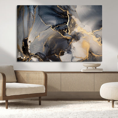 24068-MGV-CV-36X24-Luxury Abstract Wall Art – Gold & Gray Fluid Ink Painting Canvas, Modern Metallic Home Decor, Elegant Office or Living Room Accent