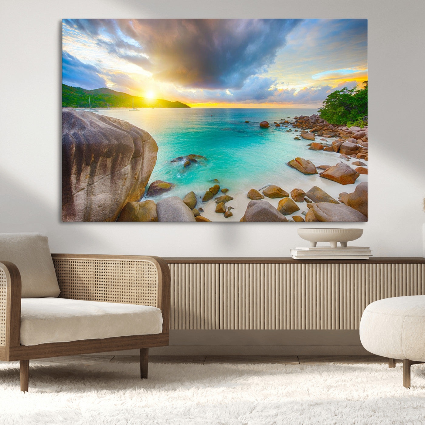 23769-MGV-CV-36X24-Tropical Beach Sunset Wall Art – Serene Ocean Canvas Print, Coastal Landscape Decor for Living Room, Bedroom or Office, Peaceful