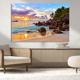 43209-MGV-CV-36X24-Tropical Beach Sunset Wall Art – Golden Ocean Waves and Palm Trees with Rocky Shore Canvas Print, Coastal Seascape Decor for