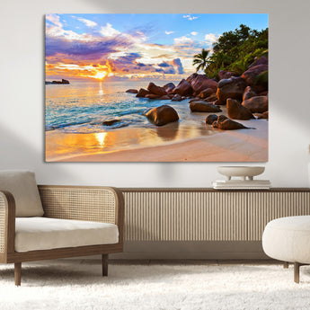 43209-MGV-CV-36X24-Tropical Beach Sunset Wall Art – Golden Ocean Waves and Palm Trees with Rocky Shore Canvas Print, Coastal Seascape Decor for