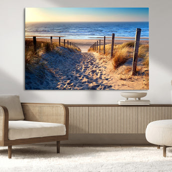 31889-MGV-CV-36X24-Sandy Beach Pathway Wall Art – Coastal Dune Fence and Ocean View Canvas Print, Relaxing Seaside Landscape Decor for Living Room or