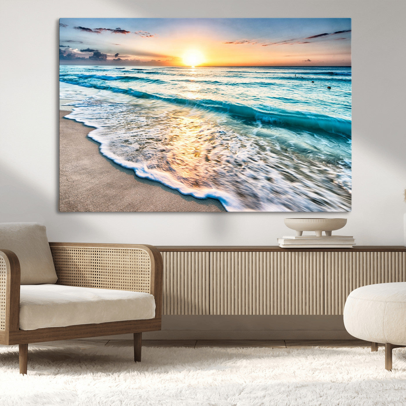 27815-MGV-CV-36X24-Ocean Sunrise Beach Wall Art – Serene Coastal Canvas Print with Waves and Golden Morning Light, Relaxing Seascape Decor for