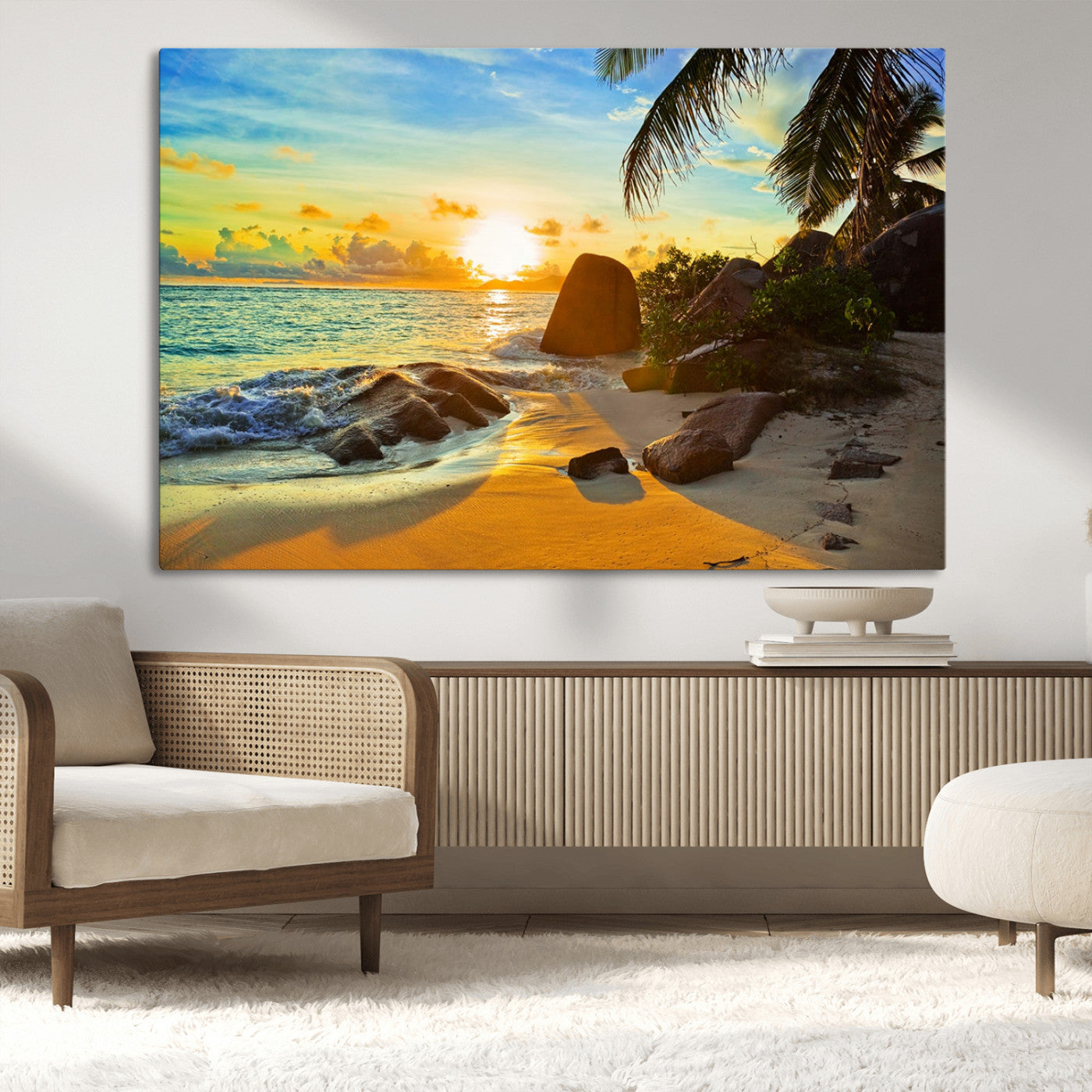 26181-MGV-CV-36X24-Golden Tropical Sunset Beach Wall Art – Ocean Canvas Print with Palm Trees and Rocks, Coastal Paradise Decor for Living Room or