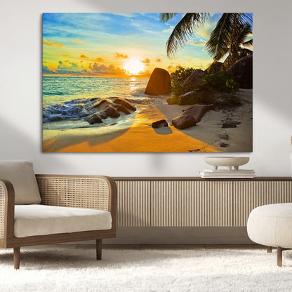 26181-MGV-CV-36X24-Golden Tropical Sunset Beach Wall Art – Ocean Canvas Print with Palm Trees and Rocks, Coastal Paradise Decor for Living Room or
