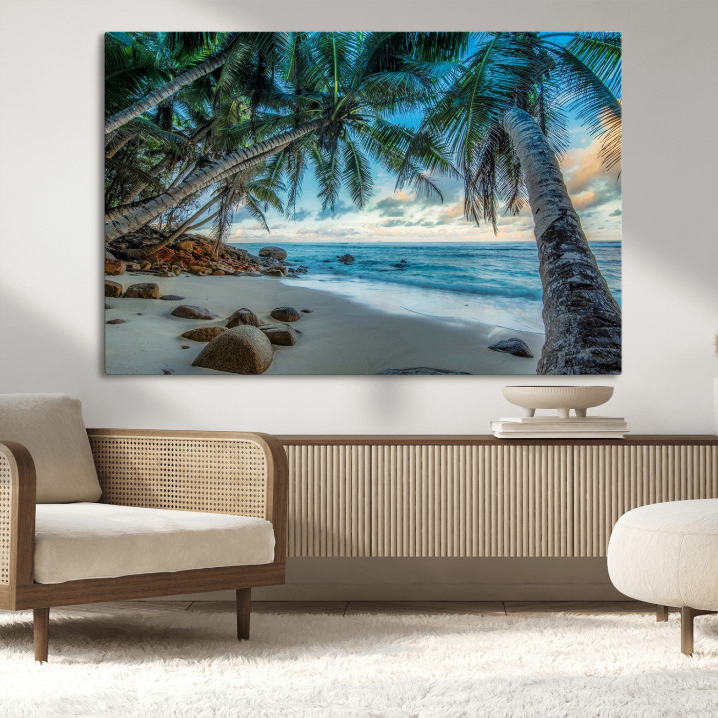 39679-MGV-CV-36X24-Tropical Palm Beach Wall Art – Serene Ocean Canvas Print with Palm Trees and Rocks, Coastal Paradise Decor for Living Room or