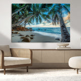 39679-MGV-CV-36X24-Tropical Palm Beach Wall Art – Serene Ocean Canvas Print with Palm Trees and Rocks, Coastal Paradise Decor for Living Room or