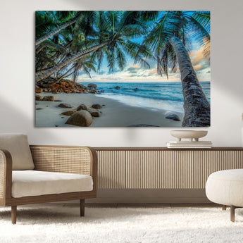 39679-MGV-CV-36X24-Tropical Palm Beach Wall Art – Serene Ocean Canvas Print with Palm Trees and Rocks, Coastal Paradise Decor for Living Room or
