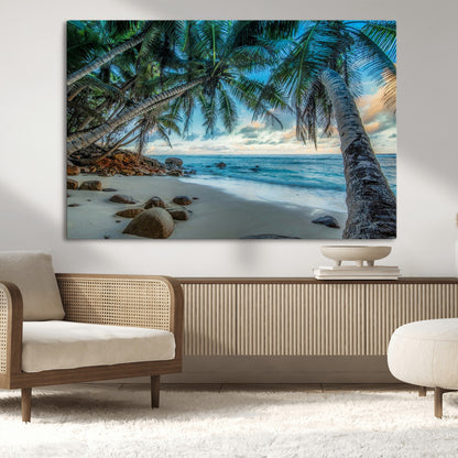 39679-MGV-CV-36X24-Tropical Palm Beach Wall Art – Serene Ocean Canvas Print with Palm Trees and Rocks, Coastal Paradise Decor for Living Room or