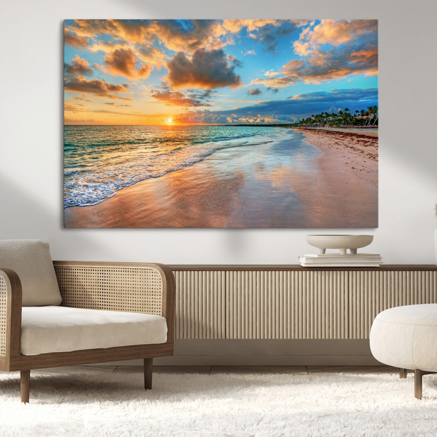 41572-MGV-CV-36X24-Sunset Beach Wall Art – Ocean Waves and Palm Trees Canvas Print, Tropical Coastal Sunset Seascape Decor for Living Room, Bedroom