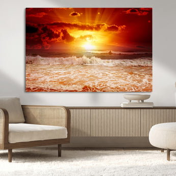 60211-MGV-CV-36X24-Fiery Sunset Ocean Wall Art – Red Sky Seascape Canvas Print with Waves, Bold Coastal Sunset Decor for Living Room or Bedroom