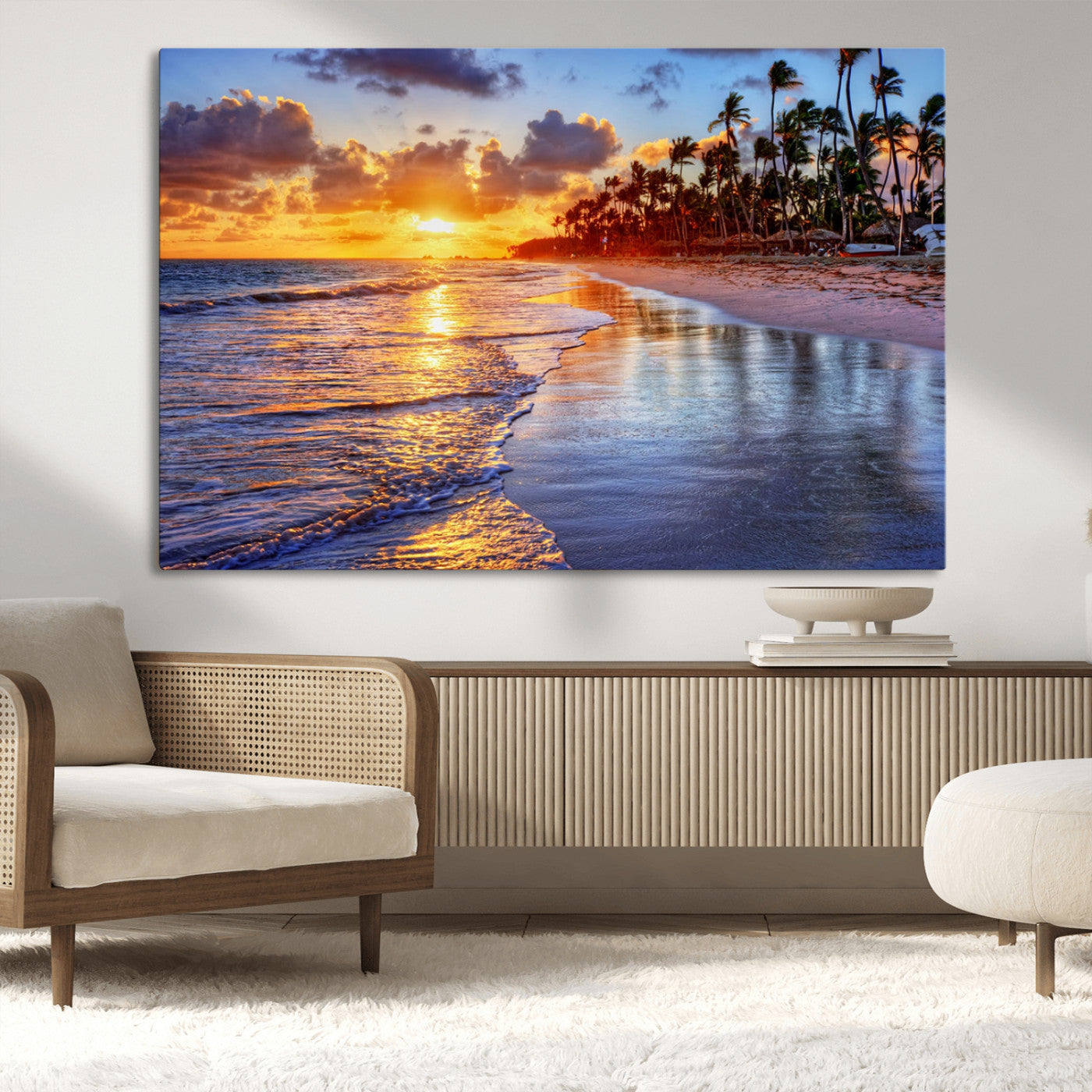 19917-MGV-CV-36X24-Tropical Sunset Beach Wall Art – Panoramic Palm Trees and Ocean Canvas Print, Vibrant Coastal Decor for Living Room, Office or Man