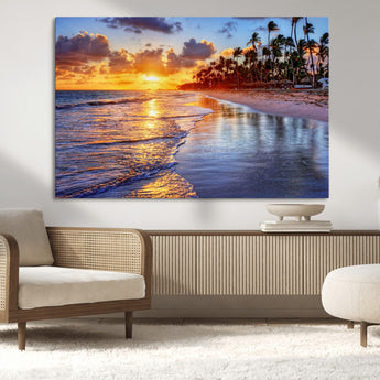 19917-MGV-CV-36X24-Tropical Sunset Beach Wall Art – Panoramic Palm Trees and Ocean Canvas Print, Vibrant Coastal Decor for Living Room, Office or Man